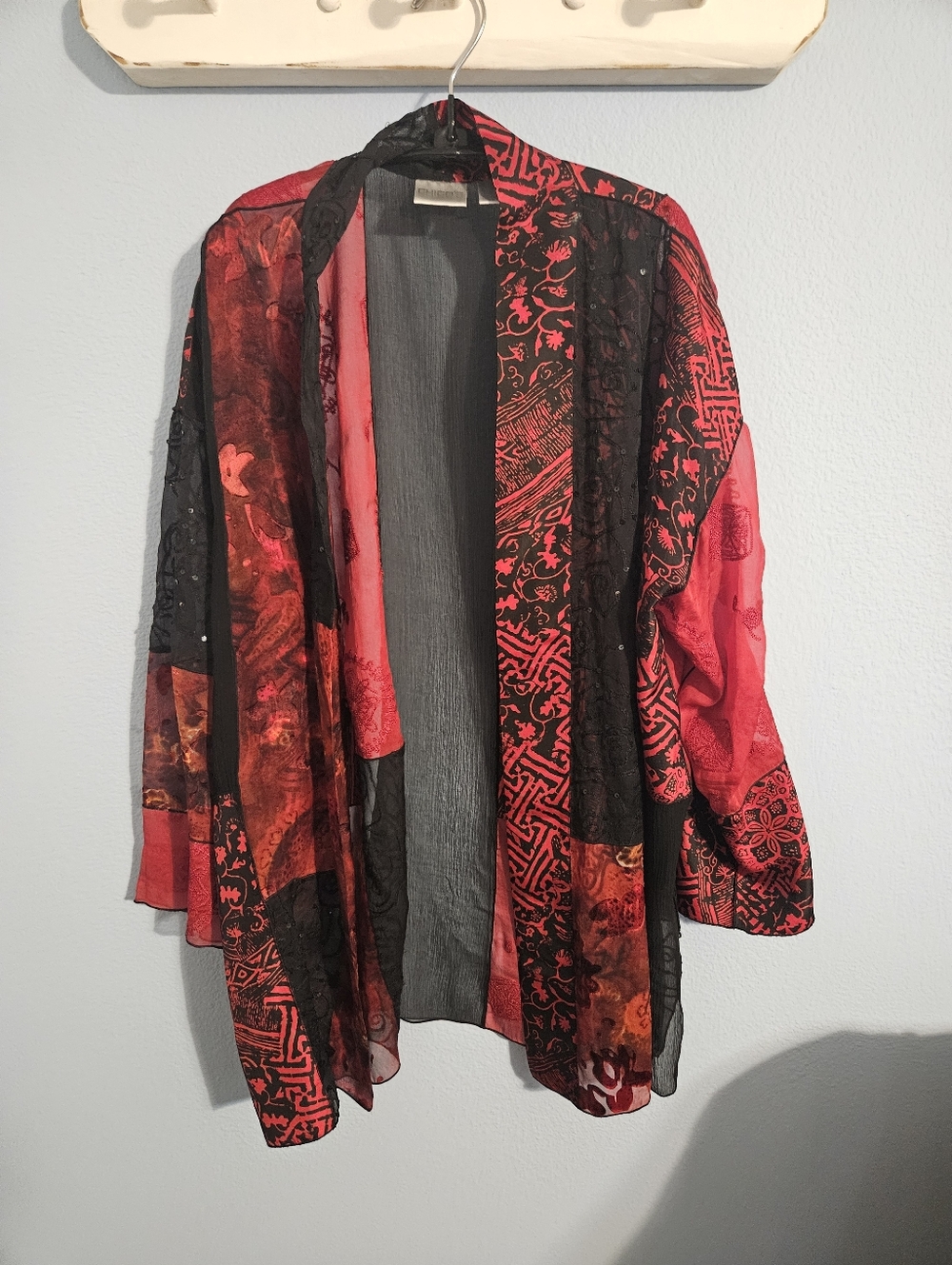 Chicos Red and Black Sheer Kimono Blouse
